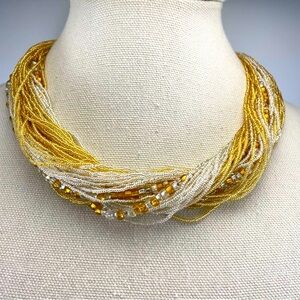 Stunning Vintage Unsigned Muarno Glass Seed Bead Multi Layer Gold Tone Necklace